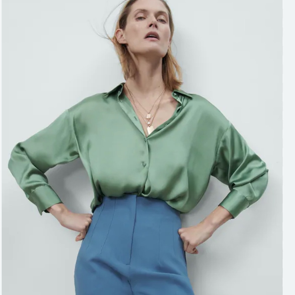 Zara Sage Green Satin Button Down Shirt